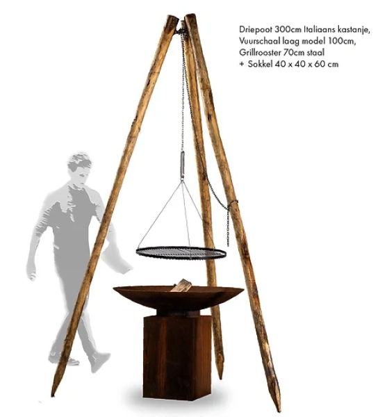 Dreibein Hängegrill-Stativ XL aus italienischem Kastanienholz - 300 cm